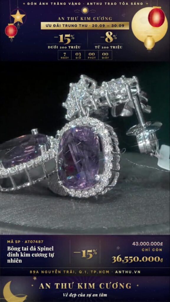 Bông tai đá Spinel đính kim cương tự nhiên
