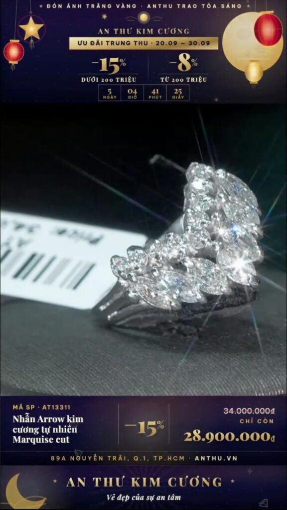 Nhẫn Arrow kim cương tự nhiên Marquise cut