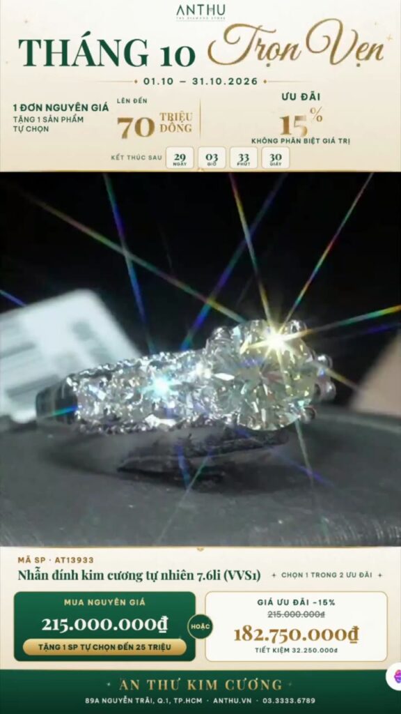 Nhẫn đính kim cương tự nhiên 7.6li (VVS1)